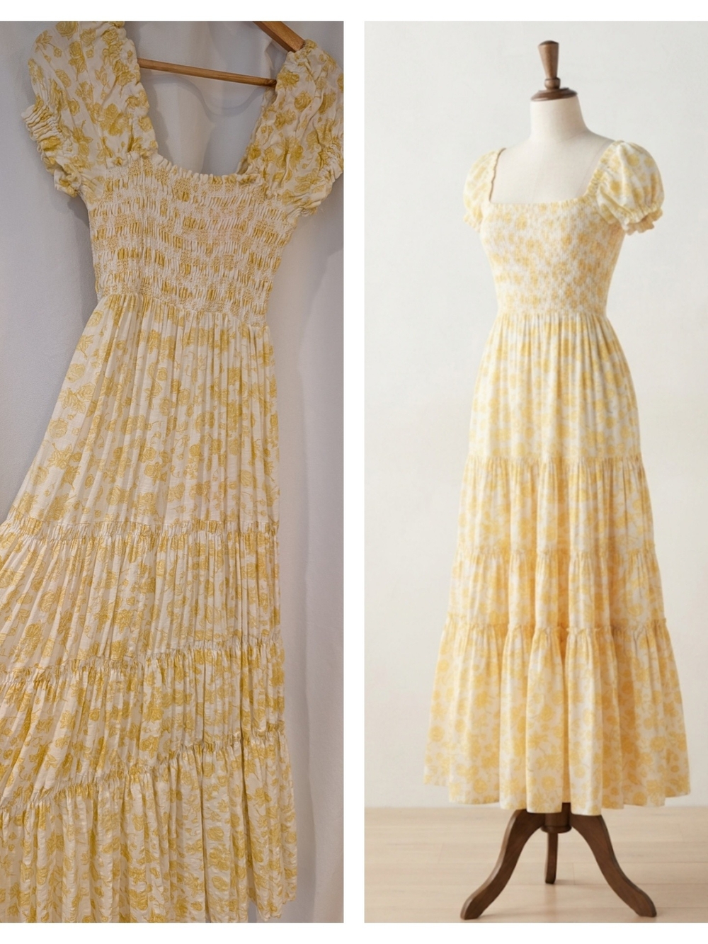 Smocked Puff-Sleeve Maxi Dress in Yellow Floral by MABEL